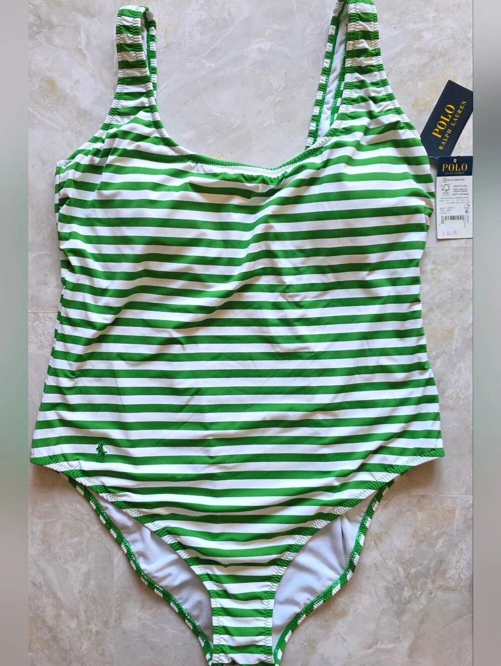 Polo Ralph Lauren Green White Stripe  Swimsuit L Pony Preppy Coastal Old Money